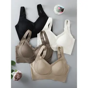 [Seamless Sports Bras] Set of 4 Women's Seamless Wireless Sports Bras - Soft Cup Yoga Bras with Medium Support, Featuring a Striped Ribbed Design, Adjustable Straps, And Removable Padding, Suitable for Fitness, Running, And Casual Wear | Comfortable Fit f