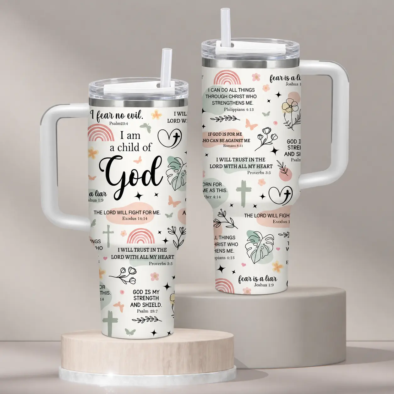 1PC 40oz Portable Anti-Scalding BPA-Free Round Plastic Christian Water Bottle with Handle & Straw, God Faith Scripture Quotes, Inspirational Floral Pastel Print, Leakproof Vacuum Flask, Gifts for Women, Cool Unique Gifts for Women