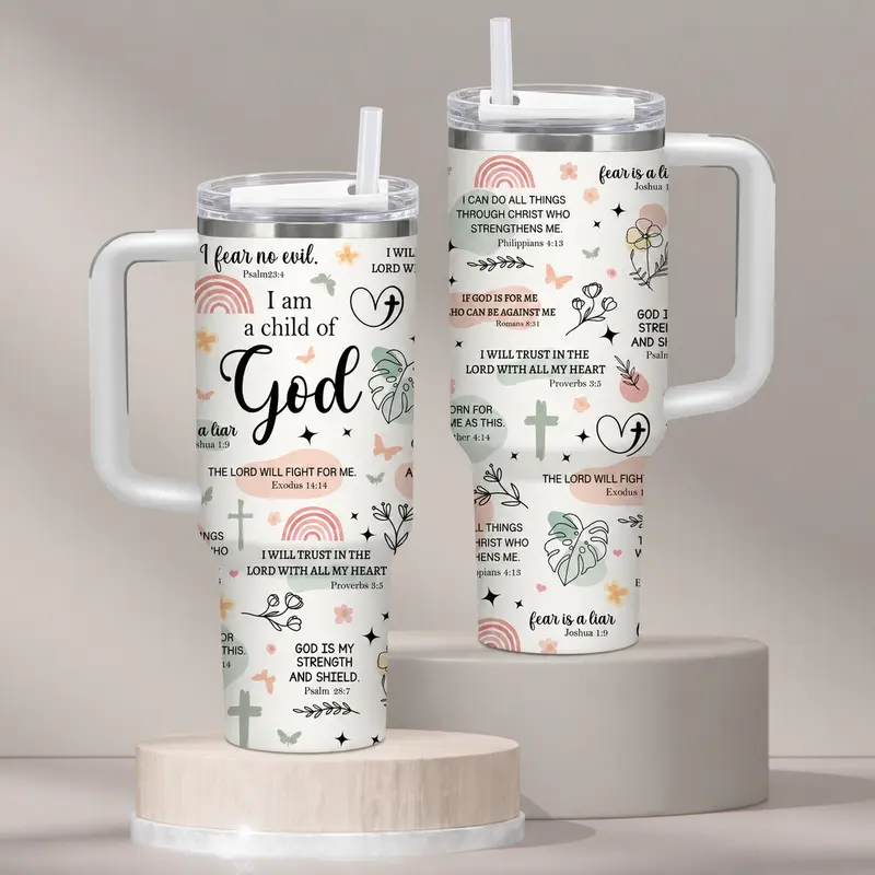 1PC 40oz Portable Anti-Scalding BPA-Free Round Plastic Christian Water Bottle with Handle & Straw, God Faith Scripture Quotes, Inspirational Floral Pastel Print, Leakproof Vacuum Flask, Gifts for Women, Cool Unique Gifts for Women