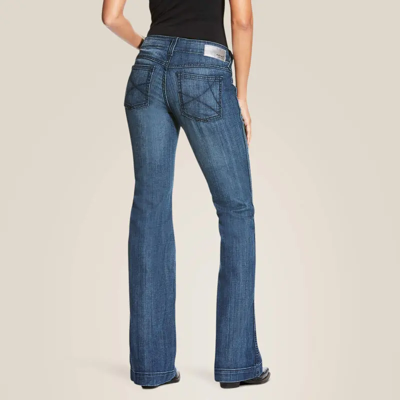 Women's Denim Bottoms, Dark Wash Mid Waist Western Style Wide Leg Jeans with a Slim-Fitting Thigh and Stretch Fabric, Pocket, Western Ootd, Stretchy Jeans, Elastane, Casual, 27/3 L, 25/0 R, Cotton, Trouser, Pants, Western Clothing