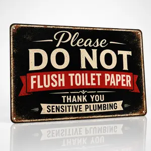 "Do Not Flush Toilet Paper" Decorative Aluminium Metal Sign, 8x12 in, Sensitive Plumbing Solution for Airbnb & Cabin Bathroom Home Decor