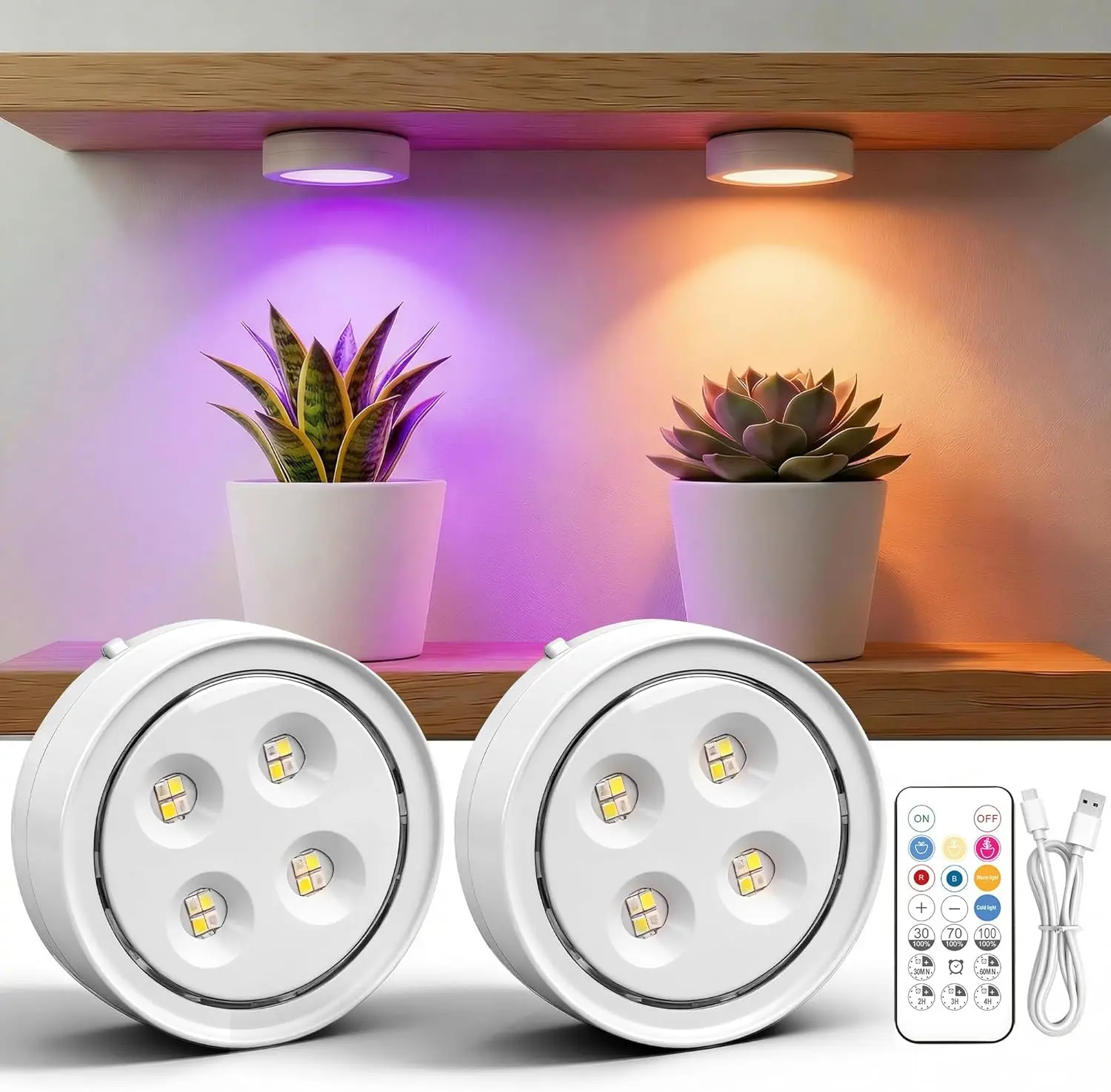 2 Pack Rechargeable Grow Light for Indoor Plants, Cordless Magnetic Plant Lights for Indoor Growing, 6500k Full Spectrum LED Lighting with Timer & Remote, Stepless Dimming, for Plant Shelf