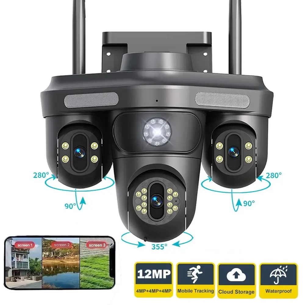 15MP 3 Lens Security Camera, Outdoor 3 View Surveillance Monitoring, WiFi 2.4GHz, Night Vision, Motion Detection, Two Way Audio, Waterproof, 360° Ptz Rotation, Recording