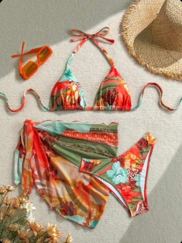 Three-Piece Set Women's All Over Print Bikinis Set, Ruffle Trim Halter Tie Back Triangle Bikini Top & Thong & Sheer Tie Side Cover Up Skirt Swimwear Set for Beach, Women's Swimsuit for Summer, Floral Print Bikinis, Flower Print Bikini, Bikini Sets