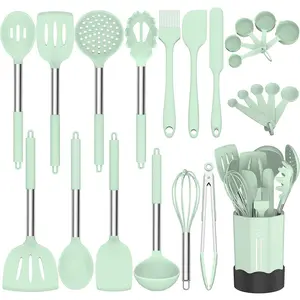 Silicone Cooking Utensil Set,  Non-stick Kitchen Utensil 24 Pcs Cooking Utensils Set, Heat Resistant Cookware, Silicone Kitchen Tools Gift with Stainless Steel Handle (Green-24pcs)