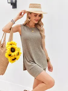 EKOUAER Women's Clothing Sets Striped Knitted Sleeveless Women's 2-Piece Set Cycling Shorts Casual Comfortable Set S-XXL