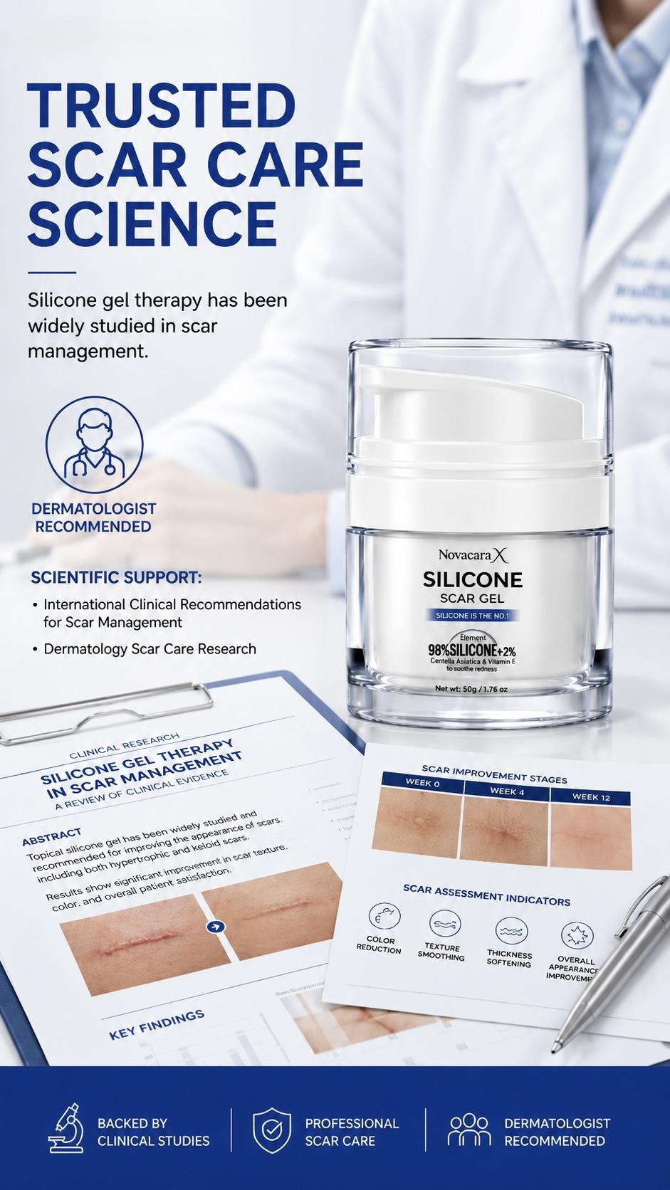 NOVACARA X 98% Silicone Scar Gel, Medical-Grade Treatment to Smooth Scars from C-Section, Surgery & Acne, Transparent Moisturizer for Sensitive Skin, Scar Removal Gel