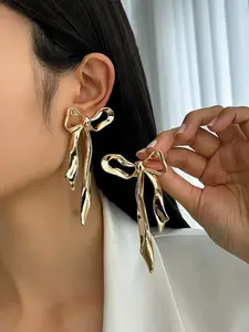 Gold Bow Drop Earrings - Oversized Metallic Ribbon Dangle Earrings for Party & Daily Wear