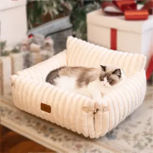 CHEERPALS Pet Couch Bed, Fluffy Sofa for Cat and Small Dog Recliner with Removable Washable Cover Cute Calming Pet Lounge Suitable for Puppy Kitten Indoor (Off-White)