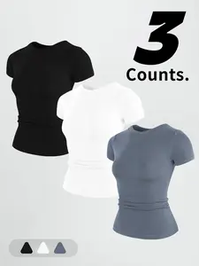 Women's Nylon Round Neck Sports T-Shirt Set, Sports Slim Fit, High Stretch Breathable Quick-Dry Fabric, Ideal for Yoga Gym Running Casual Wear