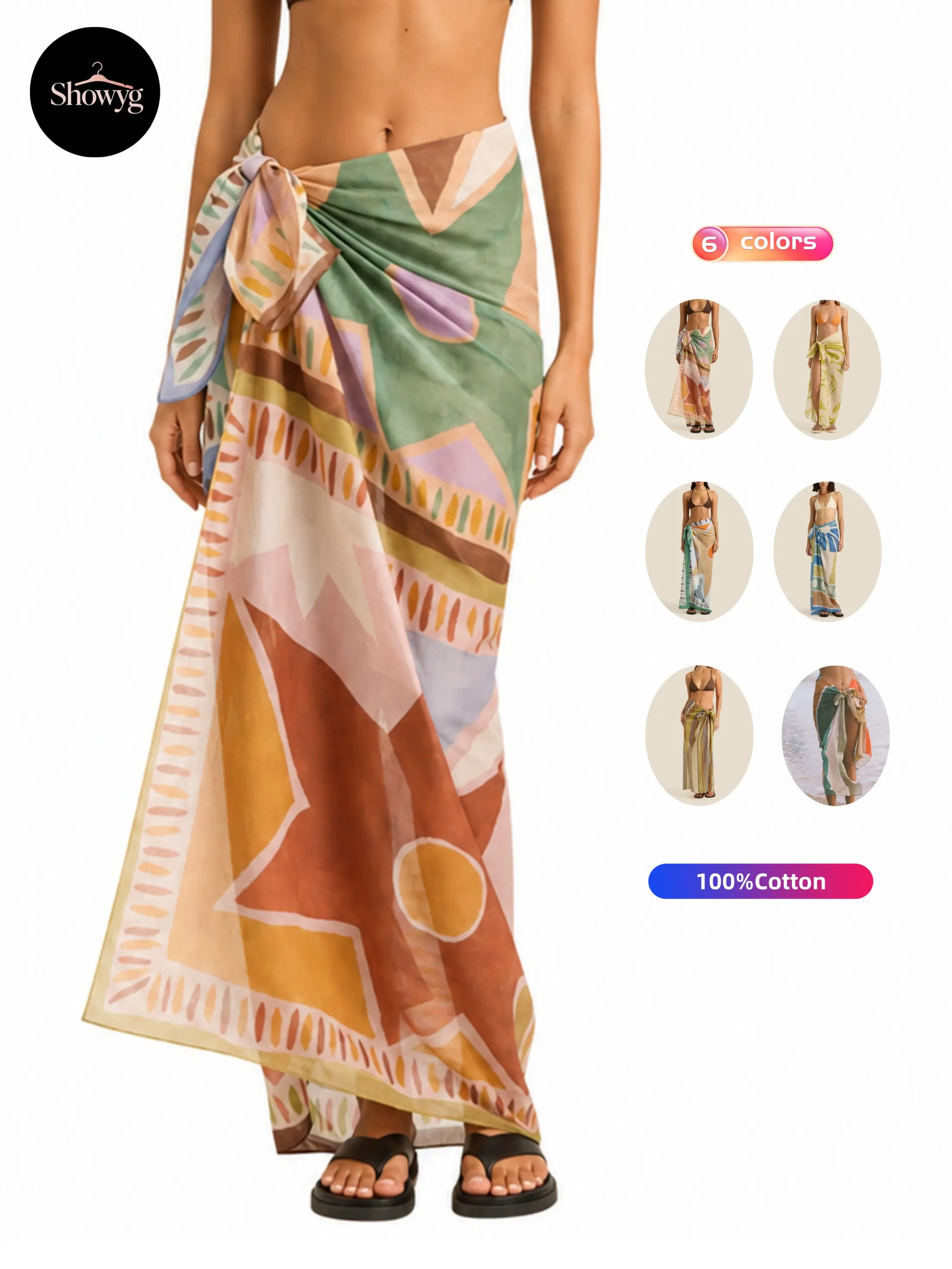 Showyg Women's Boho Printed 100% Cotton Beach Cover Up Sarong Skirt - Lightweight, Versatile for Swimwear, Breathable, Machine Washable, Beach Cover Ups