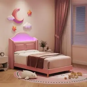 Garvee IDEAHOUSE TWIN Soft Padded Upholstered Toddler Bed with LED Lights and Storage, Featuring Durable Iron-Plywood-Sponge Frame for Comfort and Functionality