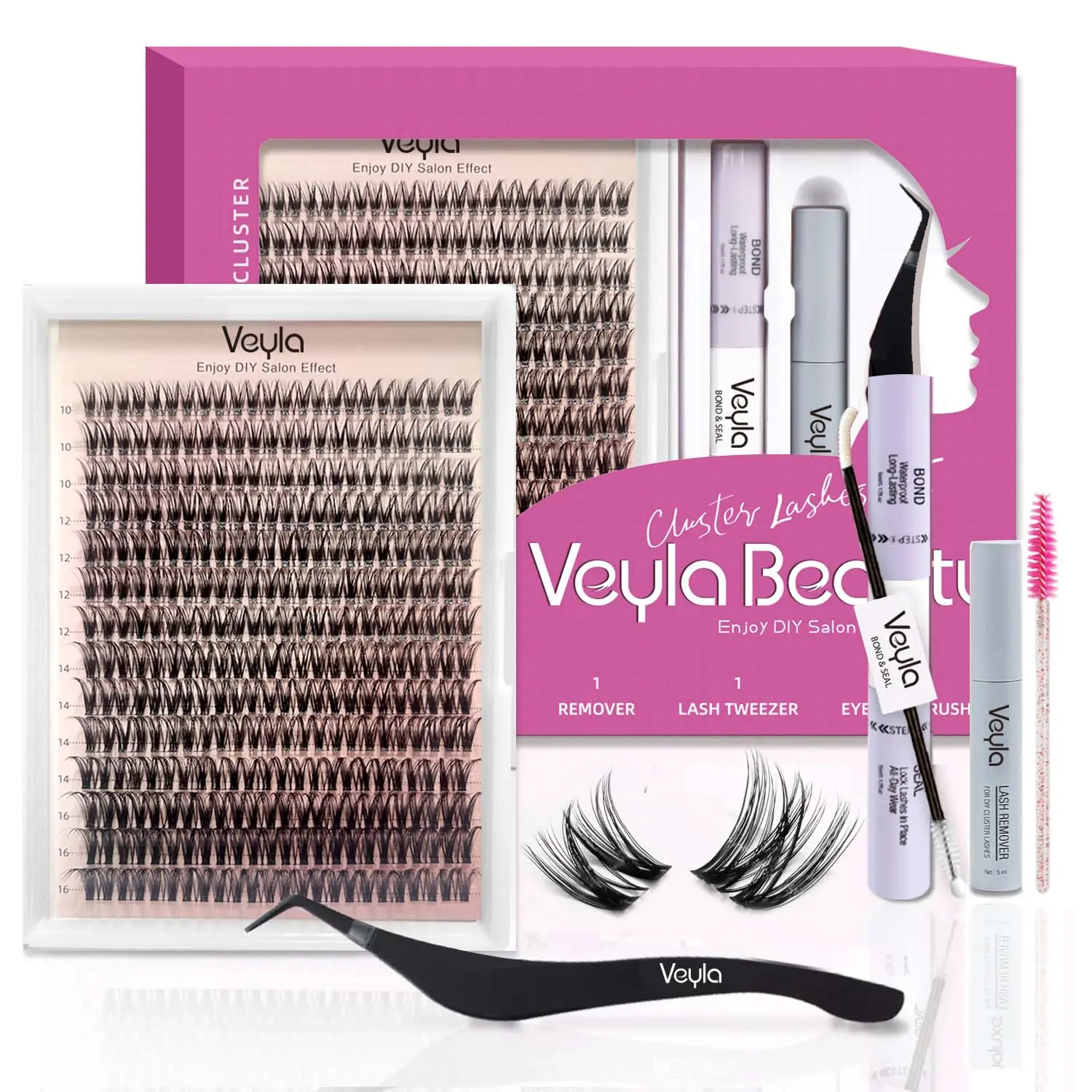 Lashes Waterproof DIY Lash Extension Kit, 10-16MM Wispy Lash Clusters Kit, Ultra-thin Soft Band Eyelash Extension Kit with Waterproof Lash Bond and Seal, Professional Lash Remover, Tweezers for Girls Gift Makeup Cosmetic (Flora/Magic)  Clear