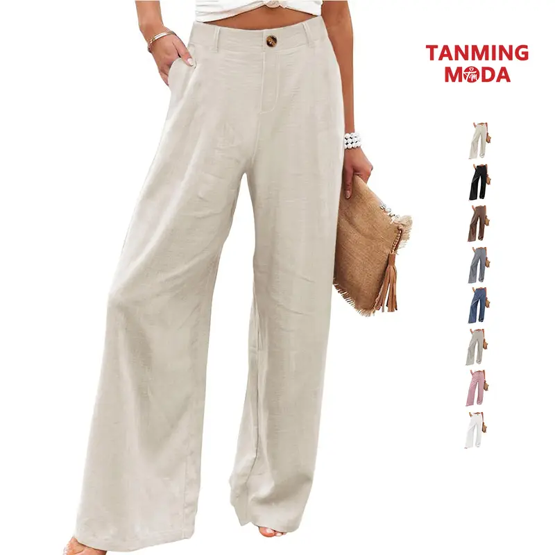 TanmingModa Women's Cotton Ultra-Lightweight Linen Fabric Pants, 2026 Summer Trendy High-Waisted Wide-Loose Leg Trousers, Casual Button-Front Pocket Basic Loungewear