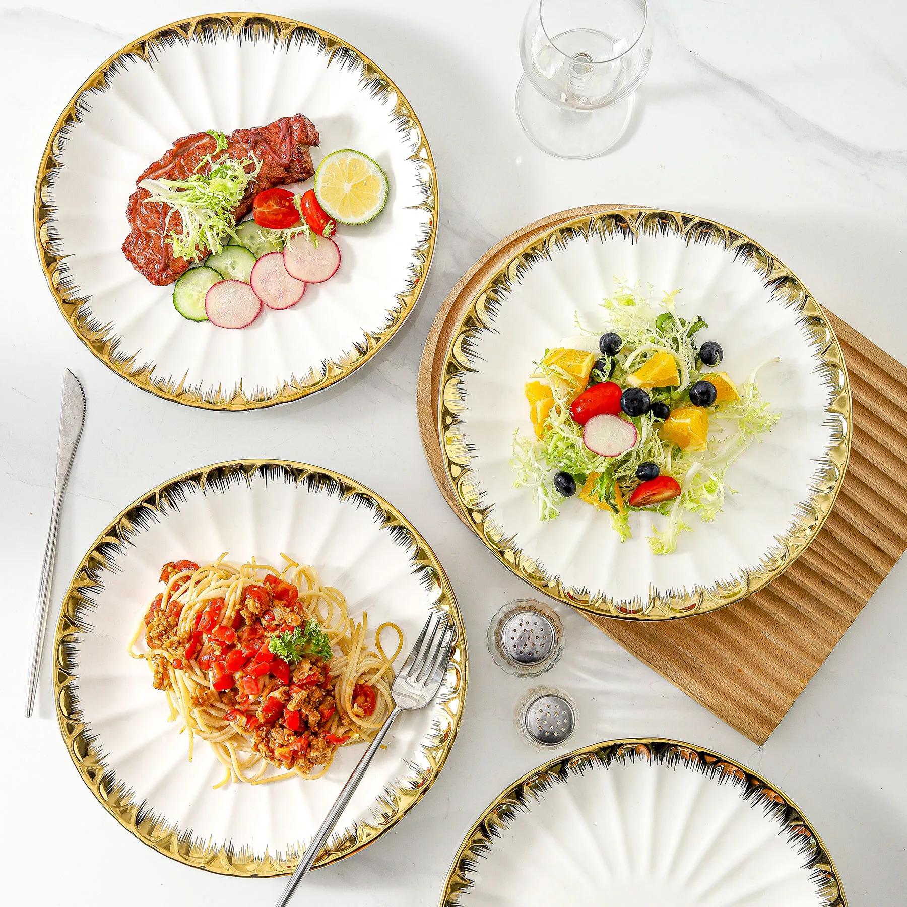LETAOTAO Factory Supply Eco-Friendly Round White Porcelain Ceramic Steak Plate Dinner Set with Gold Rim