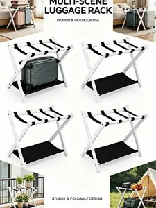 2/4-Pack Folding Bamboo Luggage Rack, Double-Tier Suitcase Stand with Nylon Straps, No-Assembly Home Organizer for Guest Room, Hotel