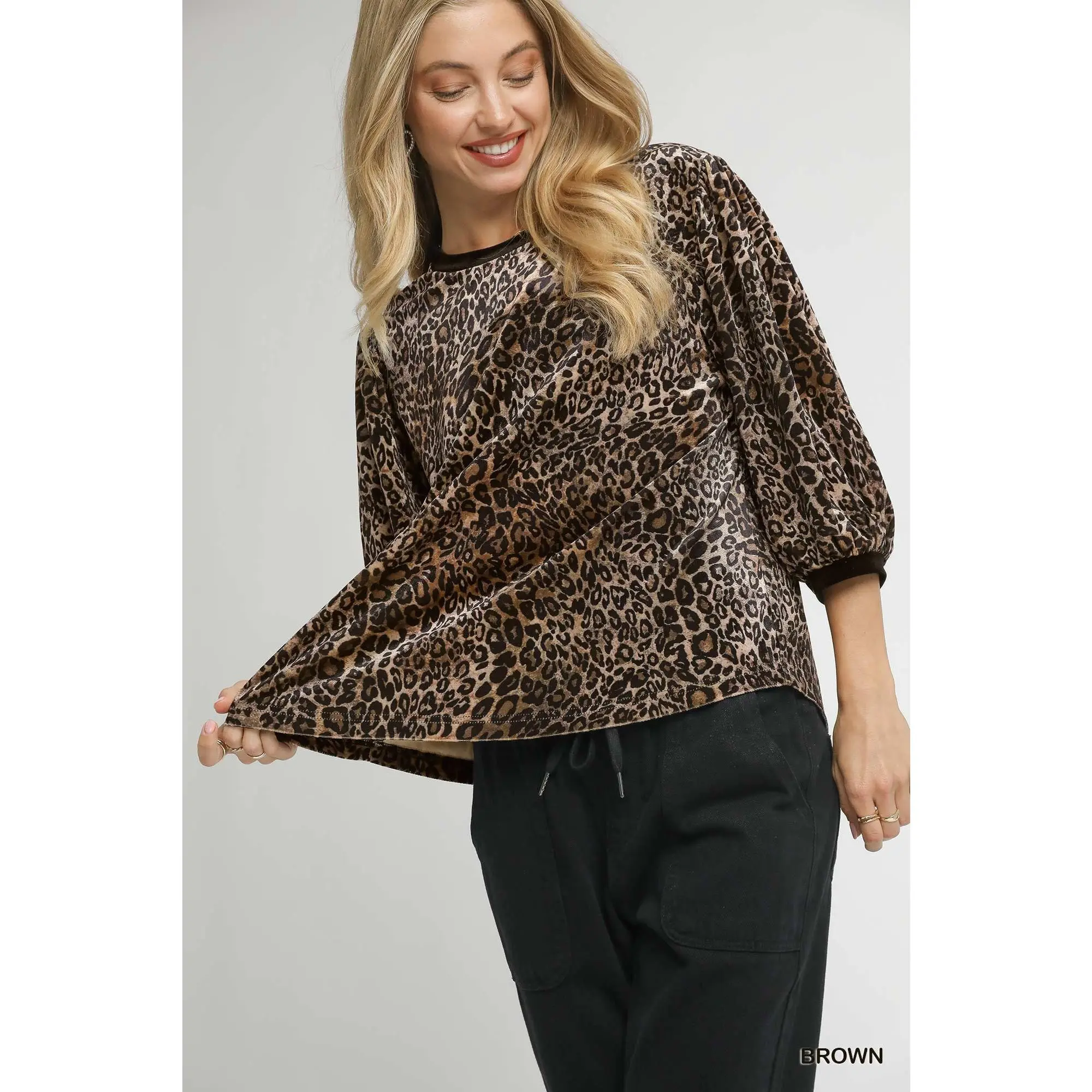 Umgee Leopard Round Neck Three-Quarter Sleeve Blouse