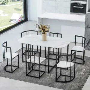 Dining Table Set 7 Pieces, Faux Marble Compact 55Inch Dining Table Chair Set for 6 Person, Modern Kitchen Dining Room Furniture Set