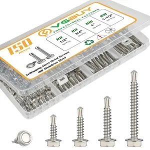150 count Self Drilling Screws Assortment Kit, 410 Stainless Steel Self Tapping Sheet Metal TEK Screws, #8 1/2" 3/4" #10 1" 1-1/2", Hex Washer