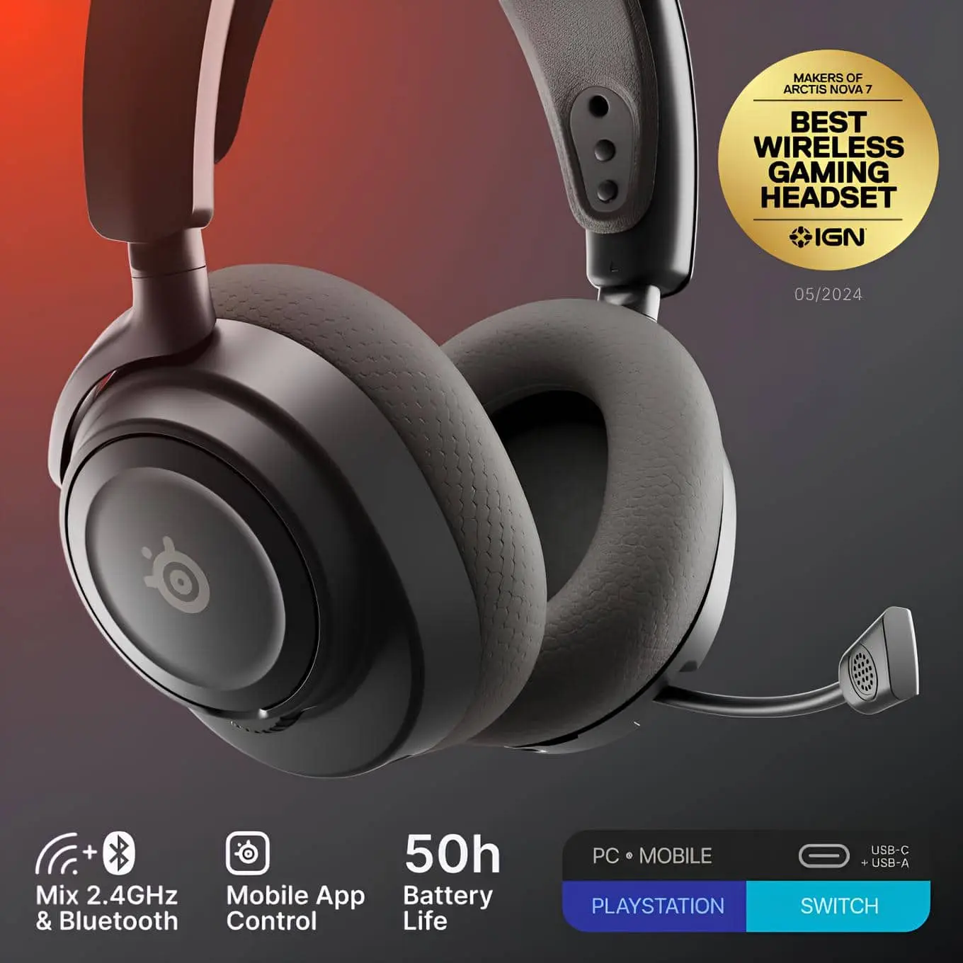 SteelSeries - Arctis Nova 7 Gen 2 Wireless Over-The-Ear Multi Gaming Headset with 2.4GHzBluetooth for PC, PS5, Switch, and Switch 2 - Black
