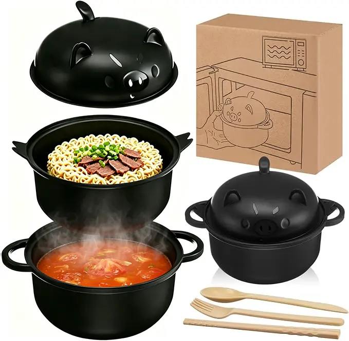 1 Set Large 45oz Cute Ramen Bowl Set Microwavable Pig Ramen Noodle Cooker Wheat Straw Bowl with Strainer Lid Spoon Chopsticks Fork Back to School Gift for Dorm College # durable lunch box # tableware kit (black)