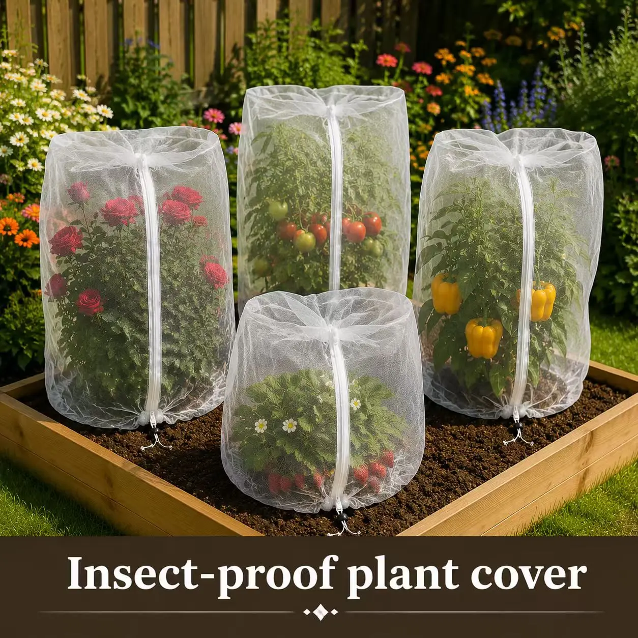 Reusable Zippered Plant Protection Cover for Raised Beds, Fine Mesh Insect Barrier with Drawstring for Tomatoes, Vegetables, Fruits & Flowers