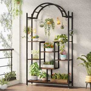 Tribesigns 74.8" Tall 5-Tier Tall Indoor Plant Stand Hanging Hooks Metal Decor Racks Metal Shelf Organiser Wood Photo Wooden Hangable