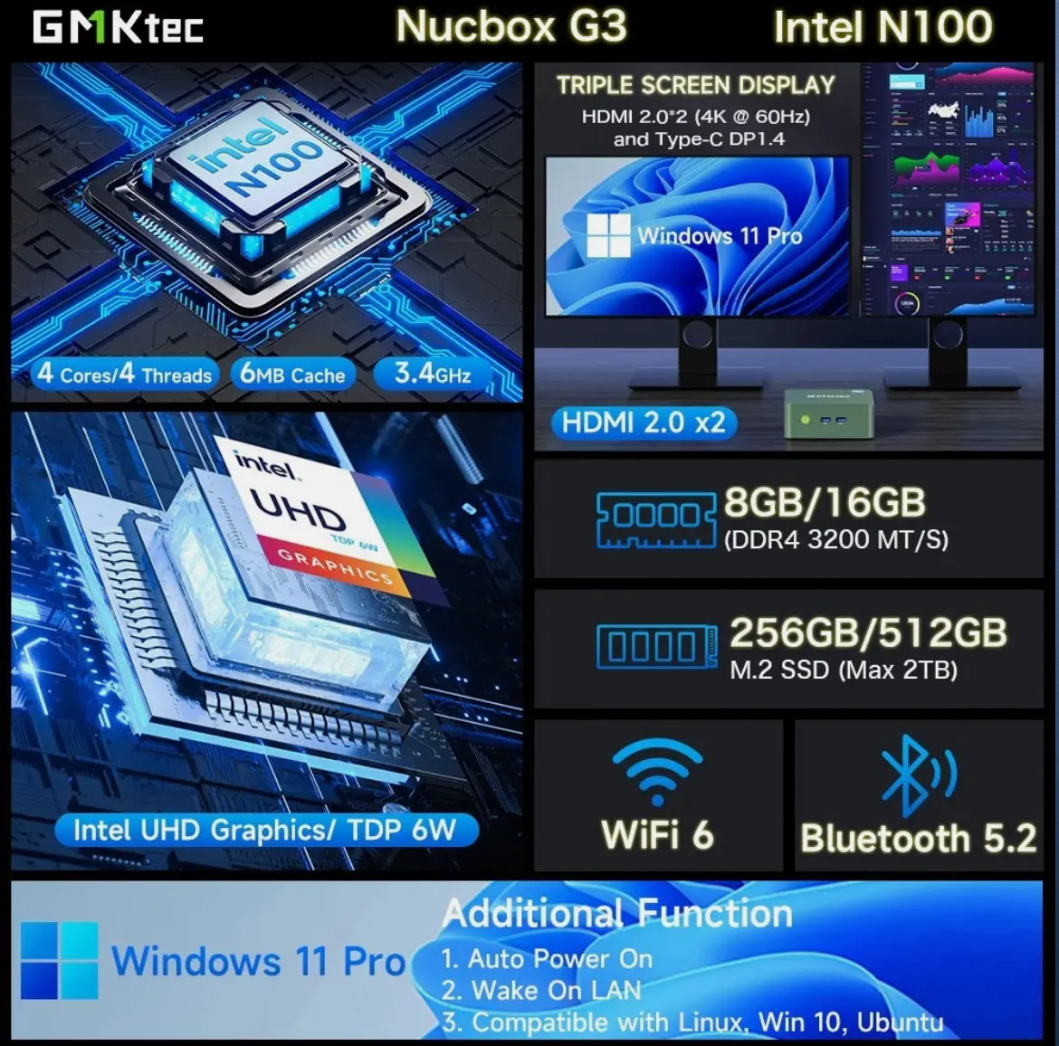 Gmktec G3 Mini Pc Intel Alder Lake N100 Windows 11 Pro Mini Pc 8/16 Go Ddr4 T