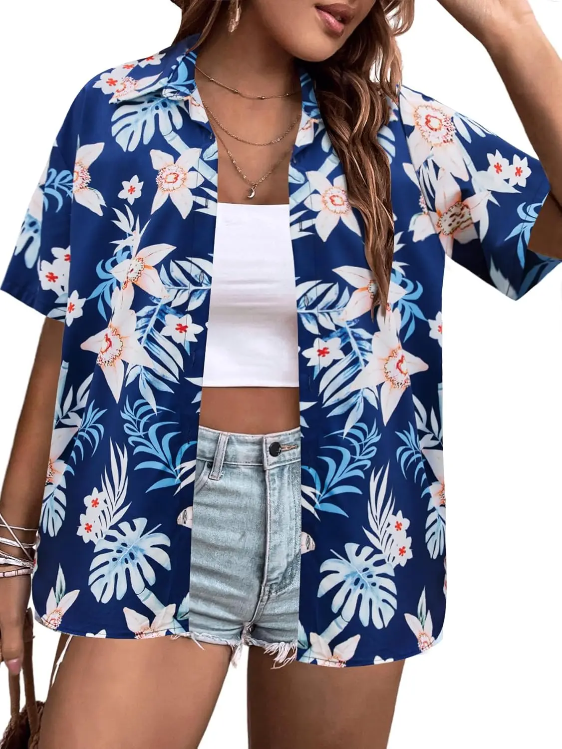 Women's Plus Size Tropical Floral Print Blouse, V-Neck Short Sleeve Button Up Top in Chiffon Fabric, Regular Fit Summer Shirt, Graphic, Comfy Casual, Outdoors, Breathable, Shortsleeve, Going Out, Ootd Ideas, Dress Casual, V-Neck Cut, 20 Plus, Hawaiian Fla