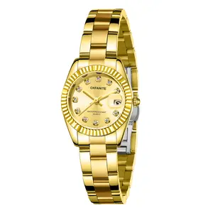 Oxfanite Women's Fashion Small Gold Analog Quartz Waterproof Stainless Steel Wrist Watch with Date Dainty Diamond Luxury Dress Watch
