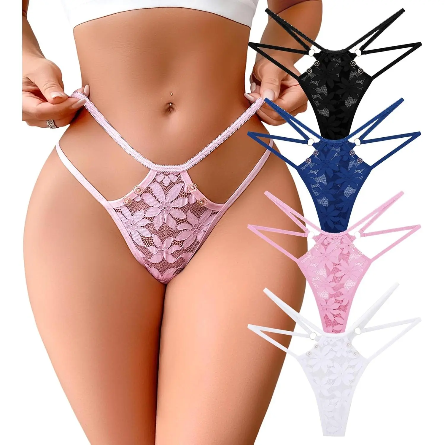 Women's 4-Pack Floral Lace G-String Thongs, Sexy Low Waist Seamless Panties, Breathable No-Show Underwear, Soft Breathable Panties, Sexy Panties