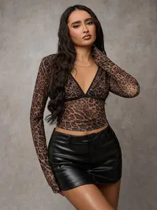 BAE Women's Leopard Print V-Neck Long Sleeve Fitted Crop Top, Street Style, Spring/Summer/Autumn