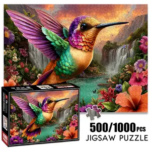 1pc 1000 piece adult puzzle 70x50cm Colorful Hummingbird Flying over Waterfall with Flowers 500 pieces of paper jigsaw puzzle, suitable for adults and families, large-scale DIY puzzle interactive toy