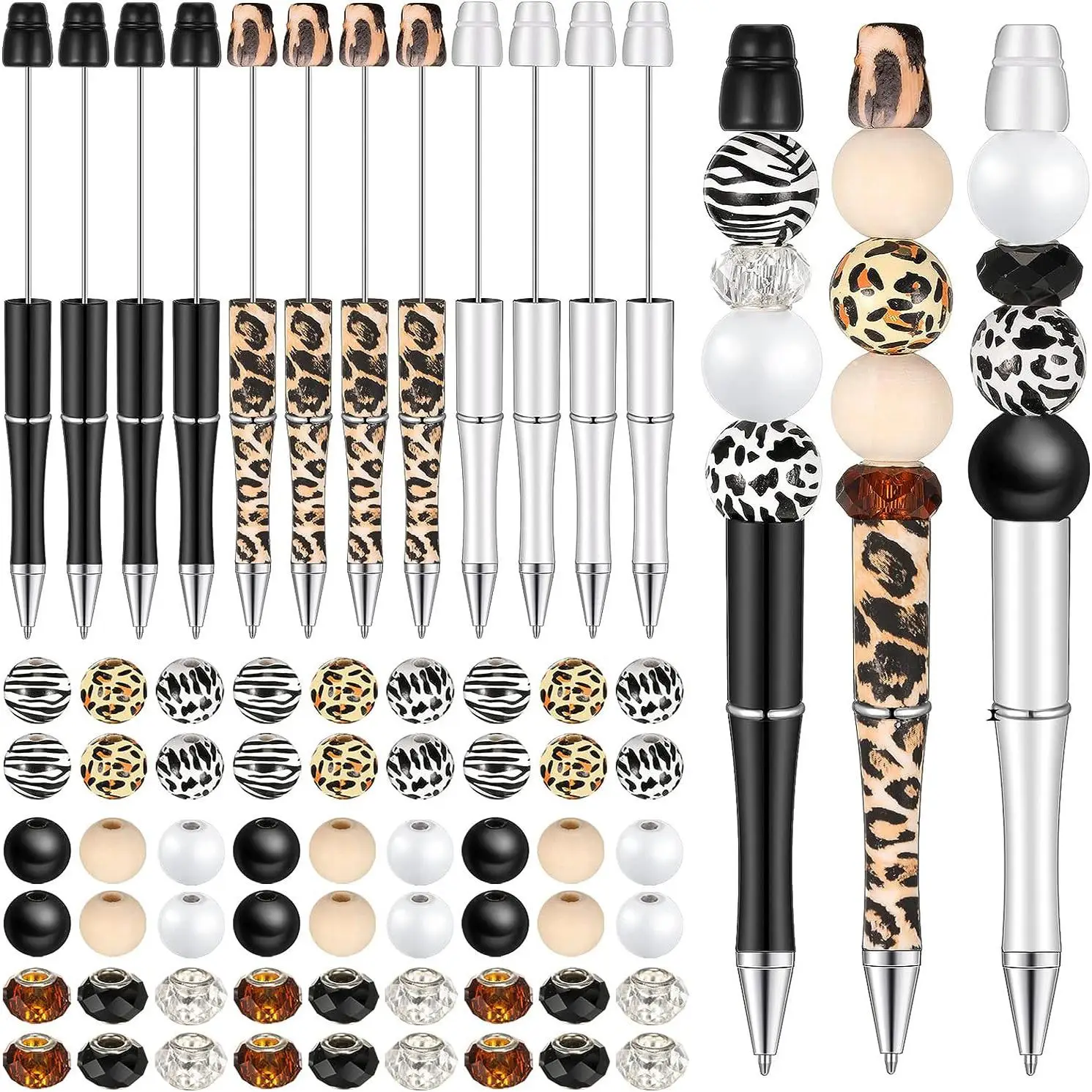 Round Ball Pen Set (56pcs), Including 8 Counts Round Ball Pens & 36pcs Wooden Beads & 12pcs Crystal Spacers, DIY Jewelry Making Supplies For Teenager