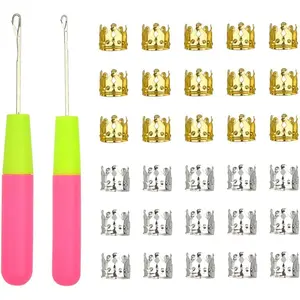 2 Pcs Hair Braiding Tools Set, Latch Hook Crochet Needles with 30 Pcs Metal Hair Braiding Decoration Rings for Hair Extensions, Braids and Dreadlocks Styling