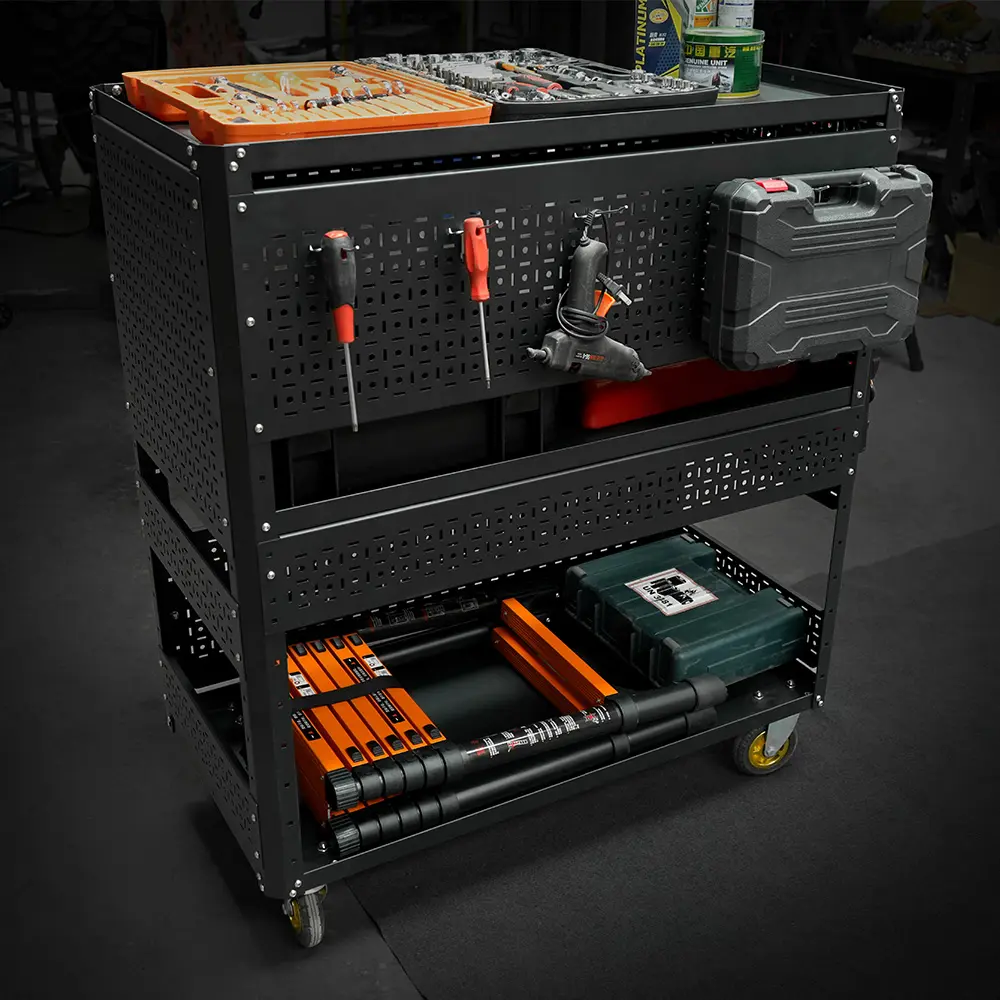 3-Tier Detachable Utility Cart with Steel Pegboard, Foldable Rolling Tool Storage Organizer on Wheels for Garage Workshop, DIY Detachable Metal Shelving Trolley with Pegboard Panel, Mobile Tool Cart for Home Organization, Home Furniture and
