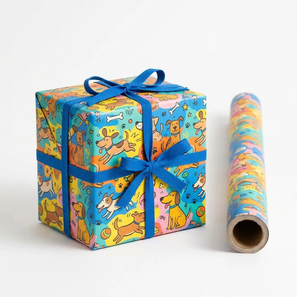 Colorful Cartoon Dog Doodle Wrapping Paper for Kids Birthday Puppy Lover Fun Gift Wrap Roll 90gsm