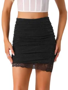 INSPIRE CHIC Women's Party Mesh Lace Hem Shimmer Ruched Bodycon Mini Metallic Glitter Skirt Black