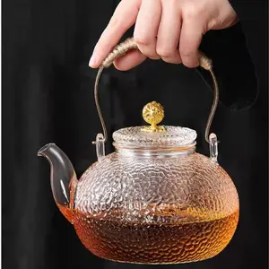 Glass Tea Kettle 900ml/30oz With Non Dripping Spout And Brass Handle