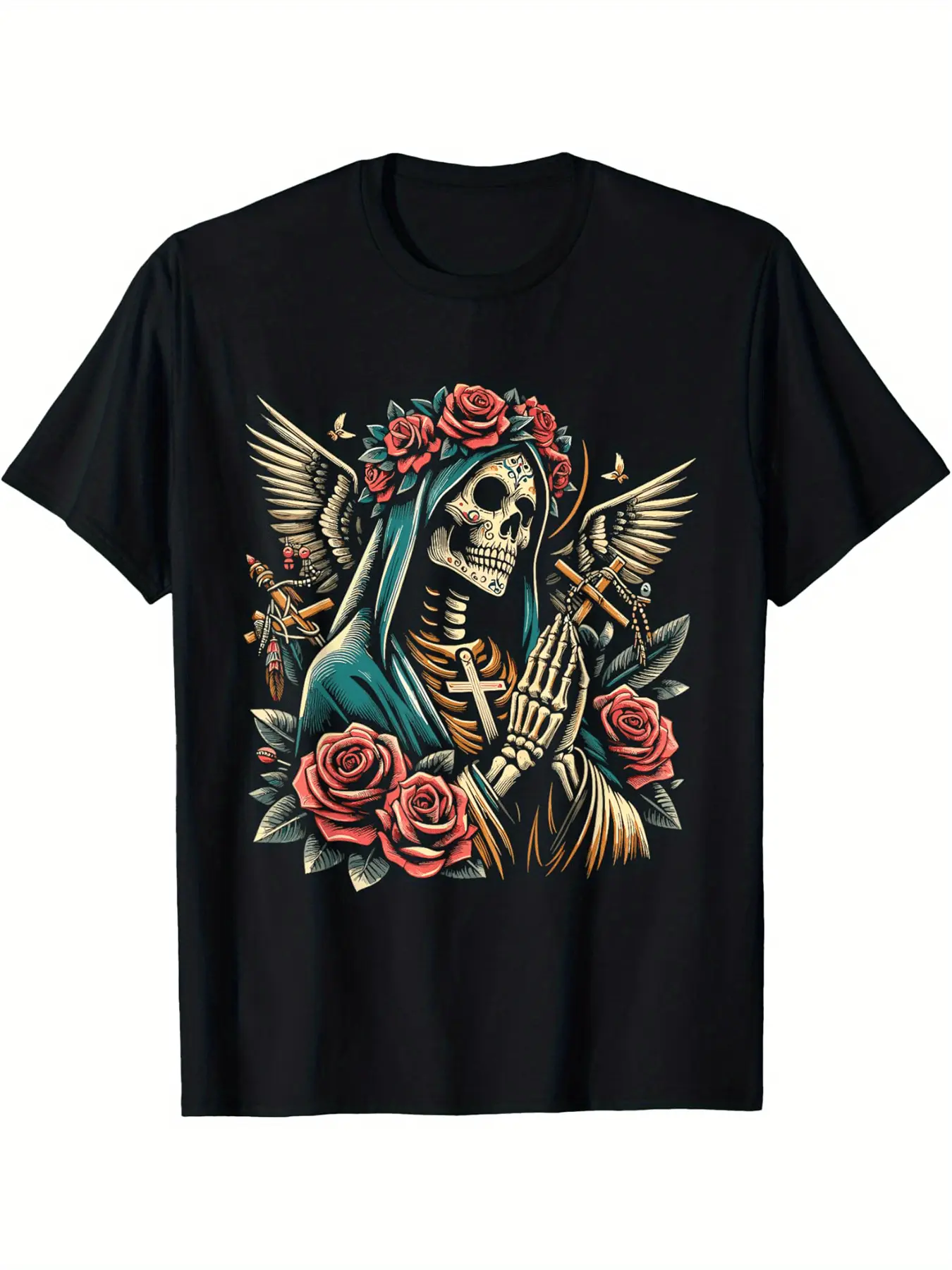 Men's Summer Crew Neck T-Shirt, Comfortable Fashion Retro Casual Loose Graphic Print Short Sleeve - Skull Saint Death T-Shirt Selected Cotton Fun Design DIY Men's Short Sleeve T-Shirt, Casual, Sports, Halloween and Christmas Gift Tops