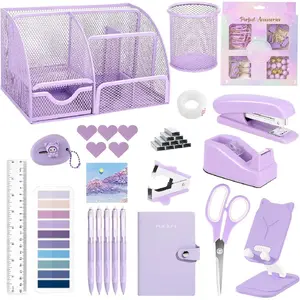 Office Supplies,Desk Accessories,Stapler and Tape Dispenser Set,1000 Staples,Staple Remover,Pen Holder,Folding Phone Holder,Journal Notebook,Ballpoint Pen,Scissor,Ruler,Clear Tape,Sticky Notes,Ect