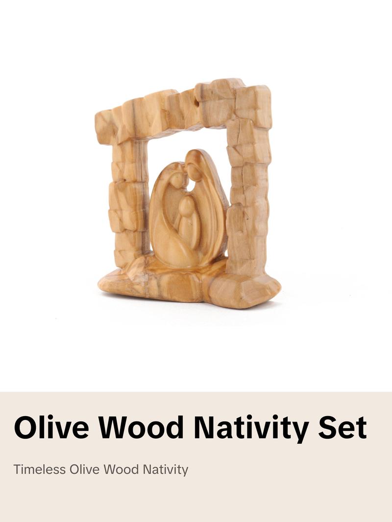 Olive Wood Nativity Scene_ Holy Family in Grotto Frame Decor Religious