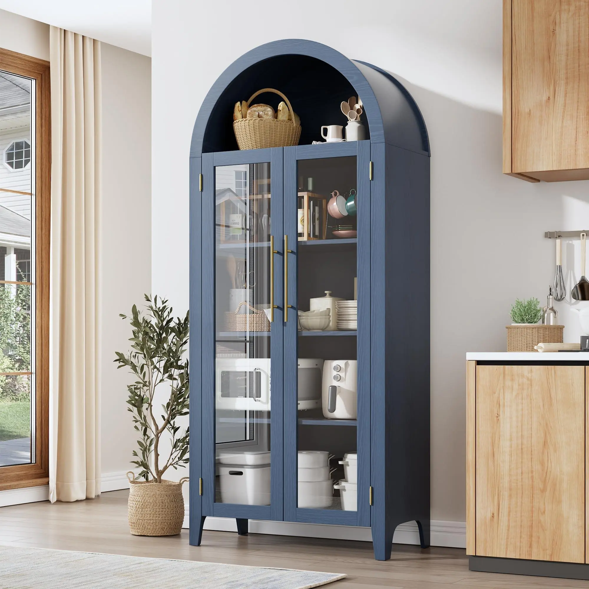 Arched Kitchen Pantry Cabinet - Farmhouse 5 Tier Display Shelf with Adjustable Shelf and 2 Large Glass Doors, Versatile Storage Cupboard for Kitchen, Dining Room, Living Room, Night Blue