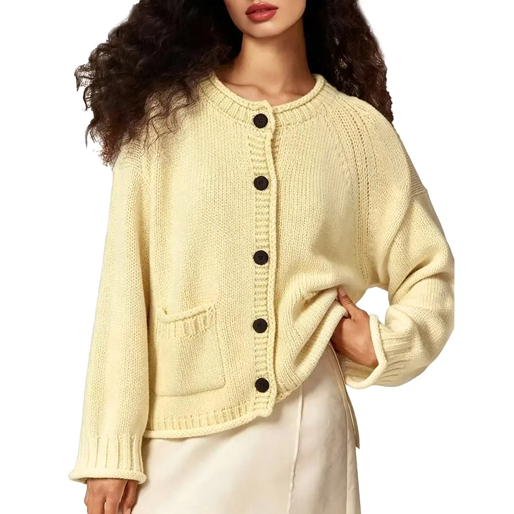 Yimoon Women's Chunky Knit Cardigan Sweater, Round Neck Button Front Cardigan with Pockets, Long Sleeve Loose-Fit Knit Coatigan, Casual Open Front Fall Winter Sweater Jacket