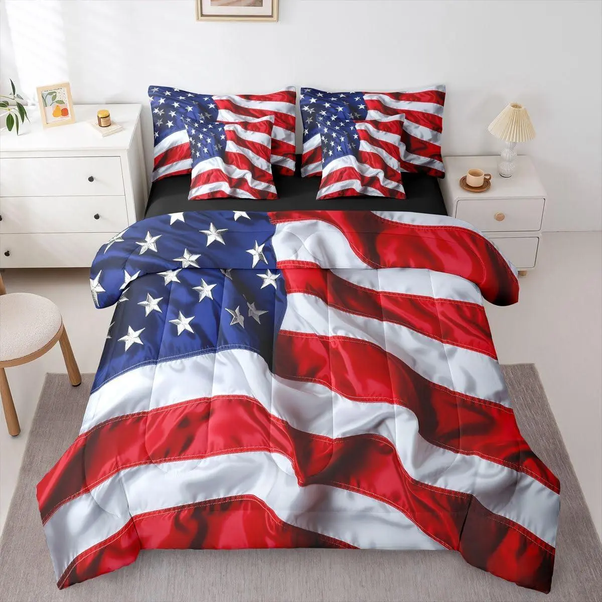 American Flag Comforter Set 7 Pieces Independence Day Bedding Set Vintage Stars and Stripes Bed in a Bag with Sheets Bedroom Decor Quilted Breathable Lightweight