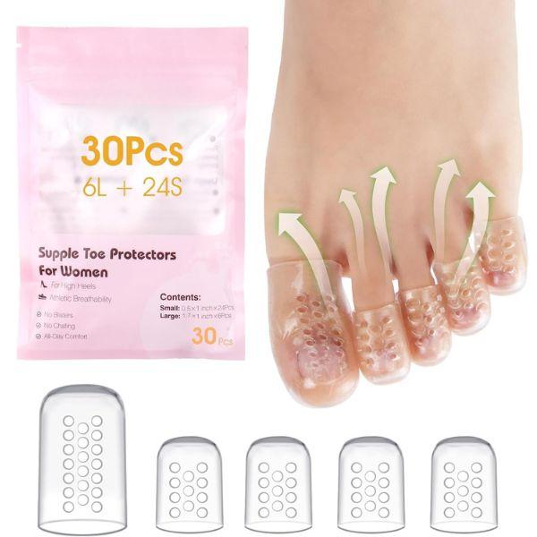 30 Pcs Silicone Toe Protectors for Women High Heels, Anti-Friction Toe Sleeves for Blisters & Pain Relief, Dual Size Big & Little Toe Covers, Clear Breathable Toe Caps for All-Day Comfort