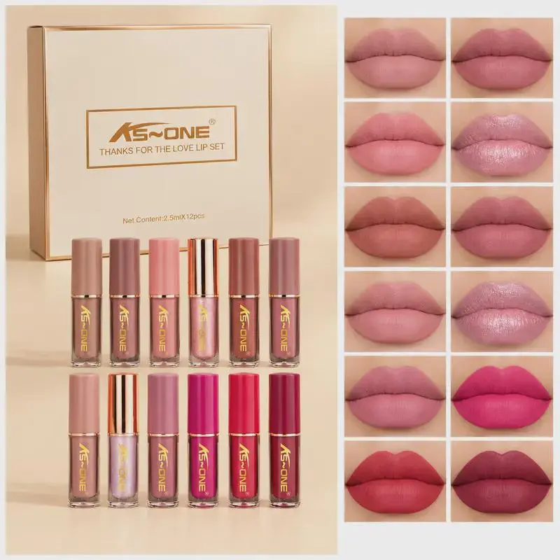 12Pcs Liquid Lipstick Set, Shades with Matte Gloss Lip Tint, Set A