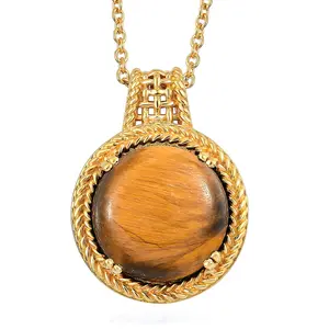 Stainless Steel Yellow Gold 18K Yellow Gold ION Plated Tigers Eye Pendant Necklace for Women Jewelry for Women Size 20" Birthday Christmas Gifts