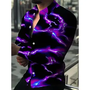 [3D Print Purple Lightning Shirt] Trendy Men's 3D Purple Lightning Print Men's Casual Button Up Long Sleeve Shirt, Men's Clothes For Spring Autumn, Tops For Men