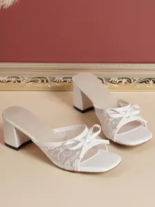 Elegant Mesh Lace High Heels, Bow Decorated Square Toe Thick Heel Shoes, Perfect for Formal Festival Parties and Evening Gowns